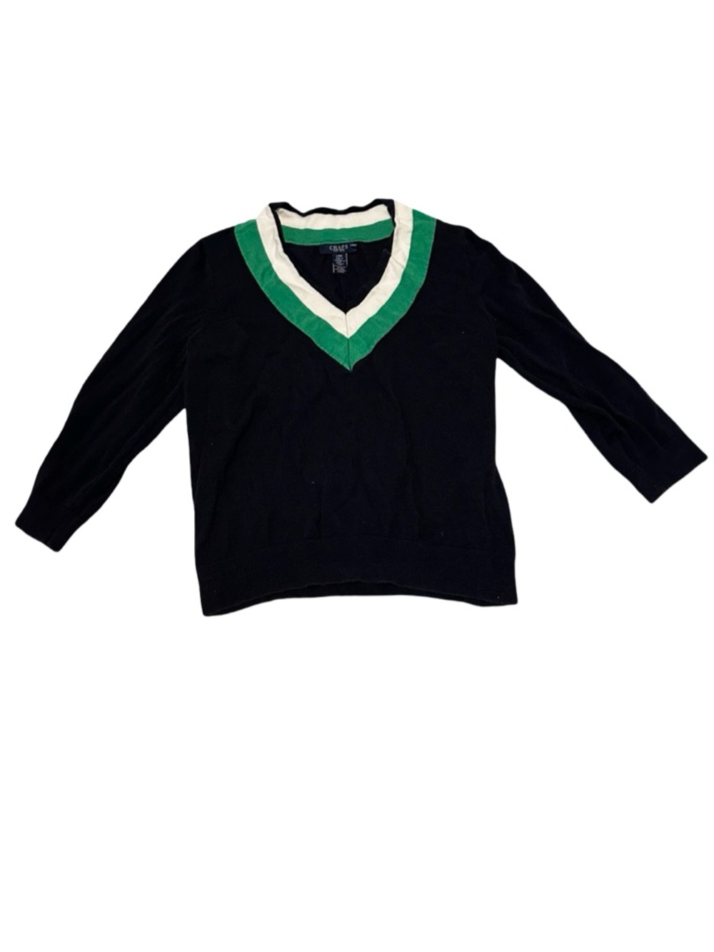 Chaps V Neck Sweater Navy Green White Trim Women’s Large